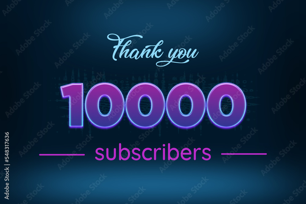 10000 subscribers celebration greeting banner with Purple Glowing Design