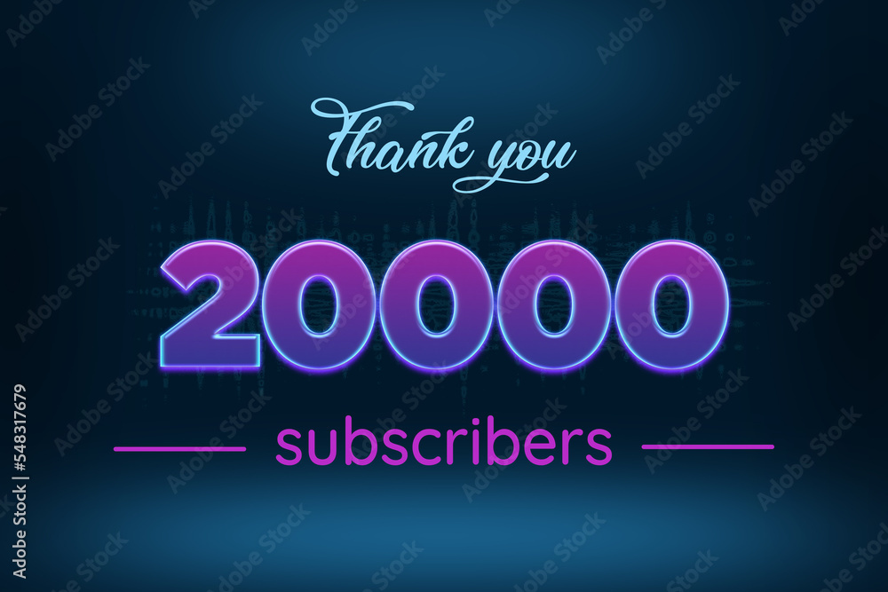 20000 subscribers celebration greeting banner with Purple Glowing Design