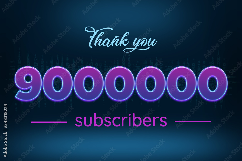 9000000 subscribers celebration greeting banner with Purple Glowing Design