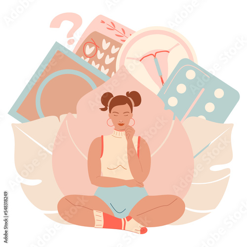 Woman chooses a suitable method of contraception. Different types of female contraception. Contraception method concept. Pregnancy prevention and baby birth control.