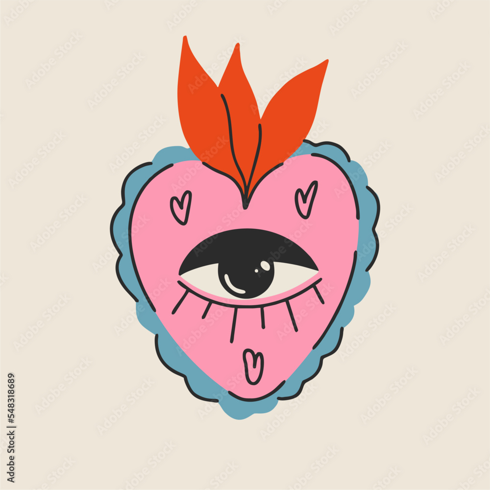 Sacred Mexican heart, my heart. Heart with eye and pattern. Cartoon style. Hand drawn color postcard. Love romantic concept. Fashion vector illustration. Sacred Mexican heart, my heart. Heart with eye and pattern. Cartoon style. Hand drawn color postcard. Love romantic concept. Fashion vector illustration.