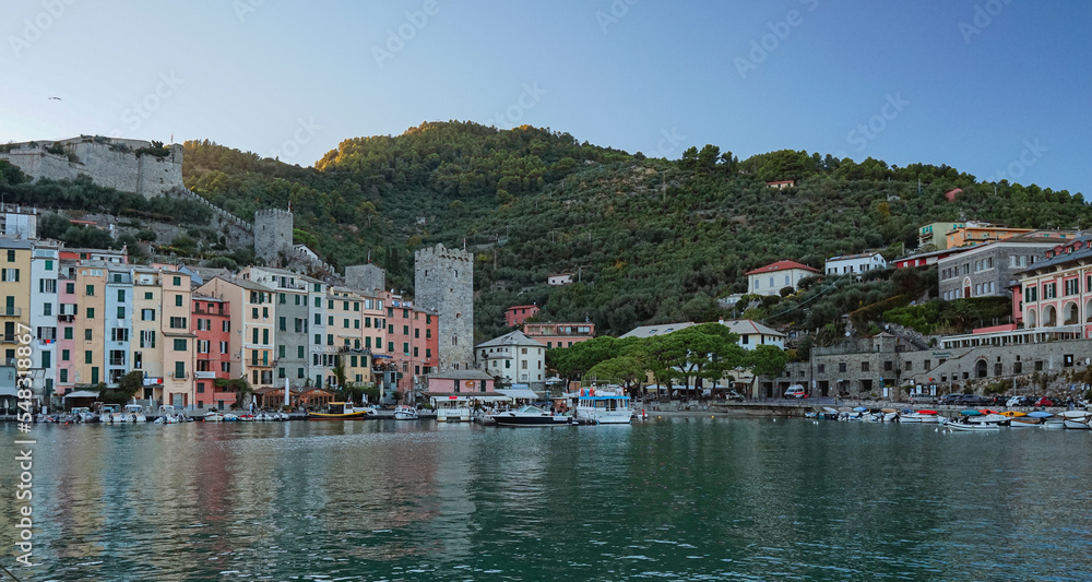 The town of Porto Venere, one of the most famous and visited towns in Liguria, Italy, during an afternoon of an Autumn day - October 2022.