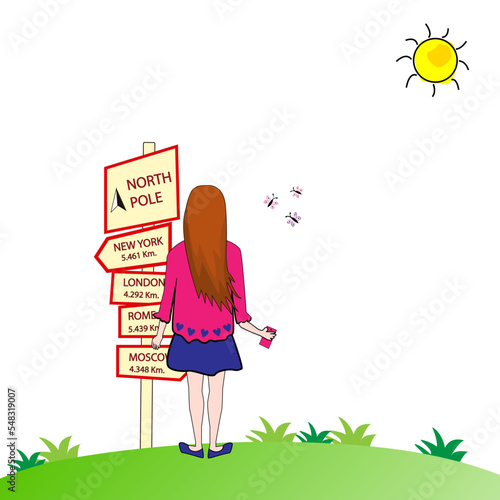 Mujer joven con teléfono móvil mirando carteles informativos en el campo.