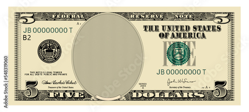 US Dollars 5 banknote - American dollar bill cash money isolated on white background - five dollars