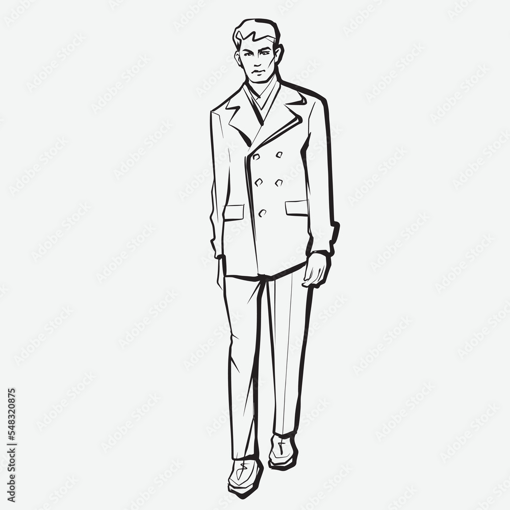 Young men. Fashion male model in coat. Ink pen drawing Young men. Fashion male model in coat. Ink pen drawing