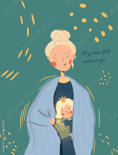 Illustration with cute woman and her inner girl who wants magic. A festive mood. Trendy Flat illustration. Vector design template