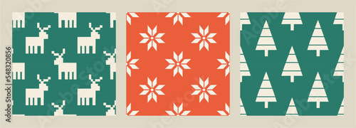 Simple vector patterns, pattern set. Christmas trees, deer and snowflakes. Great print for the winter holidays.