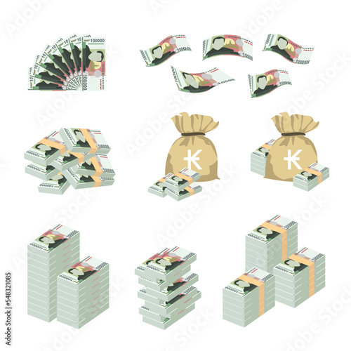 Lao Kip Vector Illustration. Huge packs of Laos money set bundle banknotes. Bundle with cash bills. Deposit, wealth, accumulation and inheritance. Falling money 100000 LAK