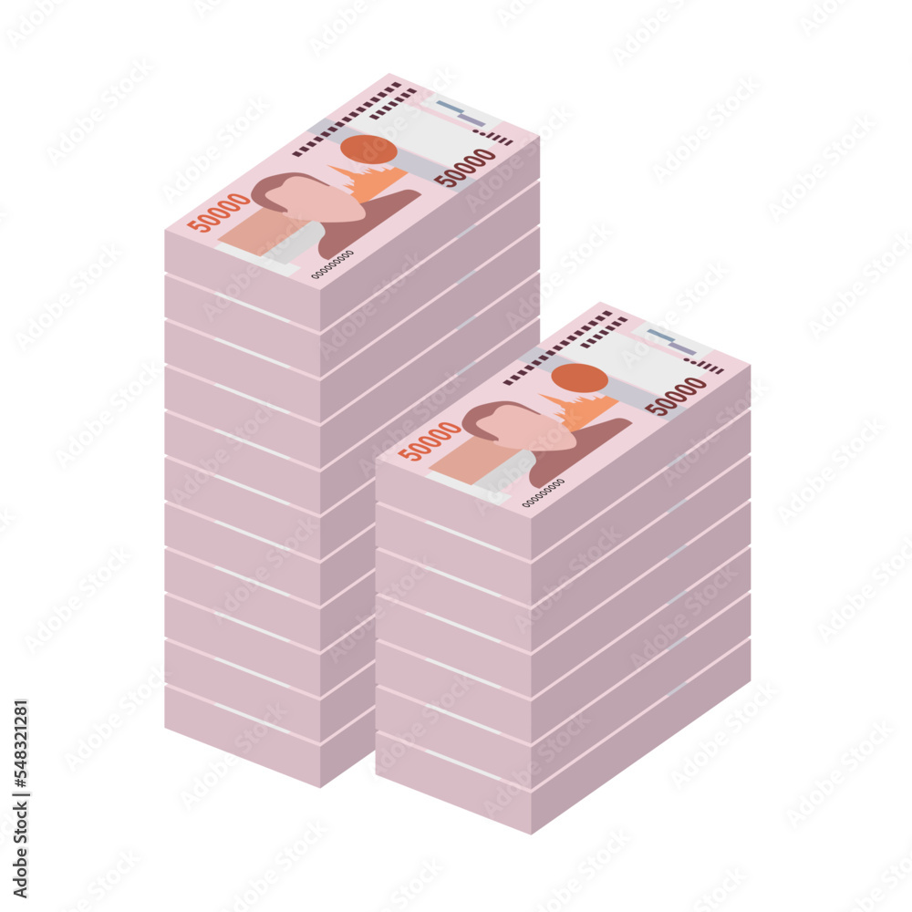 Lao Kip Vector Illustration. Laos money set bundle banknotes. Paper money 50000 LAK. Flat style. Isolated on white background. Simple minimal design. Lao Kip Vector Illustration. Laos money set bundle banknotes. Paper money 50000 LAK. Flat style. Isolated on white background. Simple minimal design.