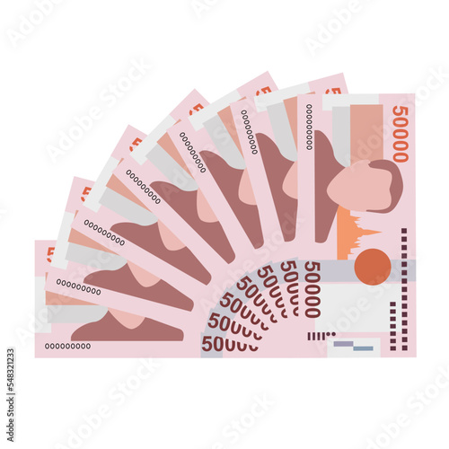 Lao Kip Vector Illustration. Laos money set bundle banknotes. Paper money 50000 LAK. Flat style. Isolated on white background. Simple minimal design.