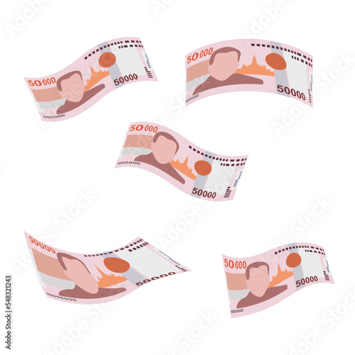 Lao Kip Vector Illustration. Laos money set bundle banknotes. Falling, flying money 50000 LAK. Flat style. Isolated on white background. Simple minimal design.
