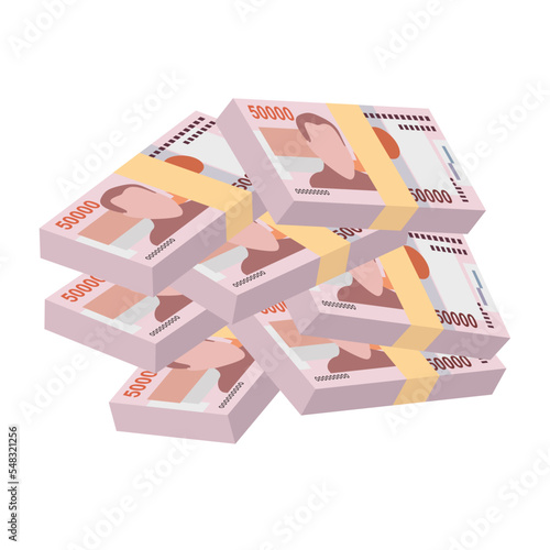 Lao Kip Vector Illustration. Laos money set bundle banknotes. Paper money 50000 LAK. Flat style. Isolated on white background. Simple minimal design.