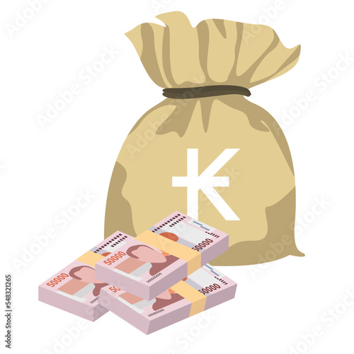 Lao Kip Vector Illustration. Laos money set bundle banknotes. Money bag 50000 LAK. Flat style. Isolated on white background. Simple minimal design.
