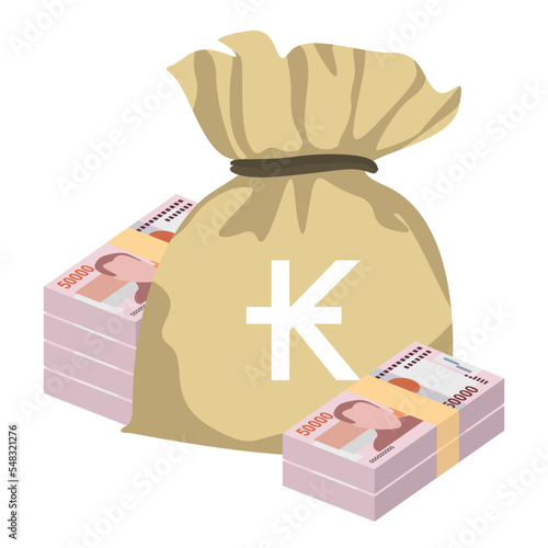Lao Kip Vector Illustration. Laos money set bundle banknotes. Money bag 50000 LAK. Flat style. Isolated on white background. Simple minimal design.