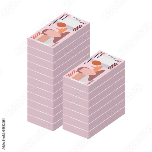Lao Kip Vector Illustration. Laos money set bundle banknotes. Paper money 50000 LAK. Flat style. Isolated on white background. Simple minimal design.
