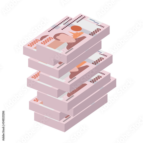Lao Kip Vector Illustration. Laos money set bundle banknotes. Paper money 50000 LAK. Flat style. Isolated on white background. Simple minimal design.
