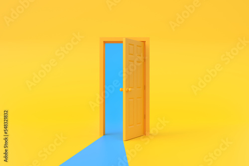 Blue light going through the opening door in yellow background room. Architectural design element. Minimal creative concept. 3D rendering 3D illustration