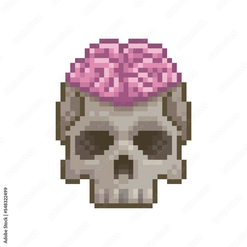 skull with outside brain, pixel art video game object