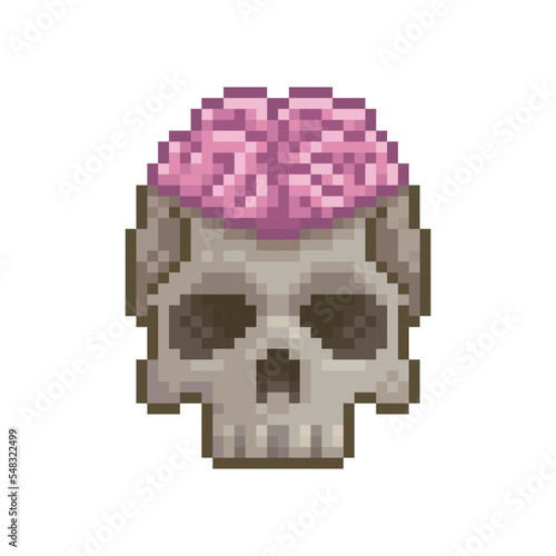 skull with outside brain, pixel art video game object