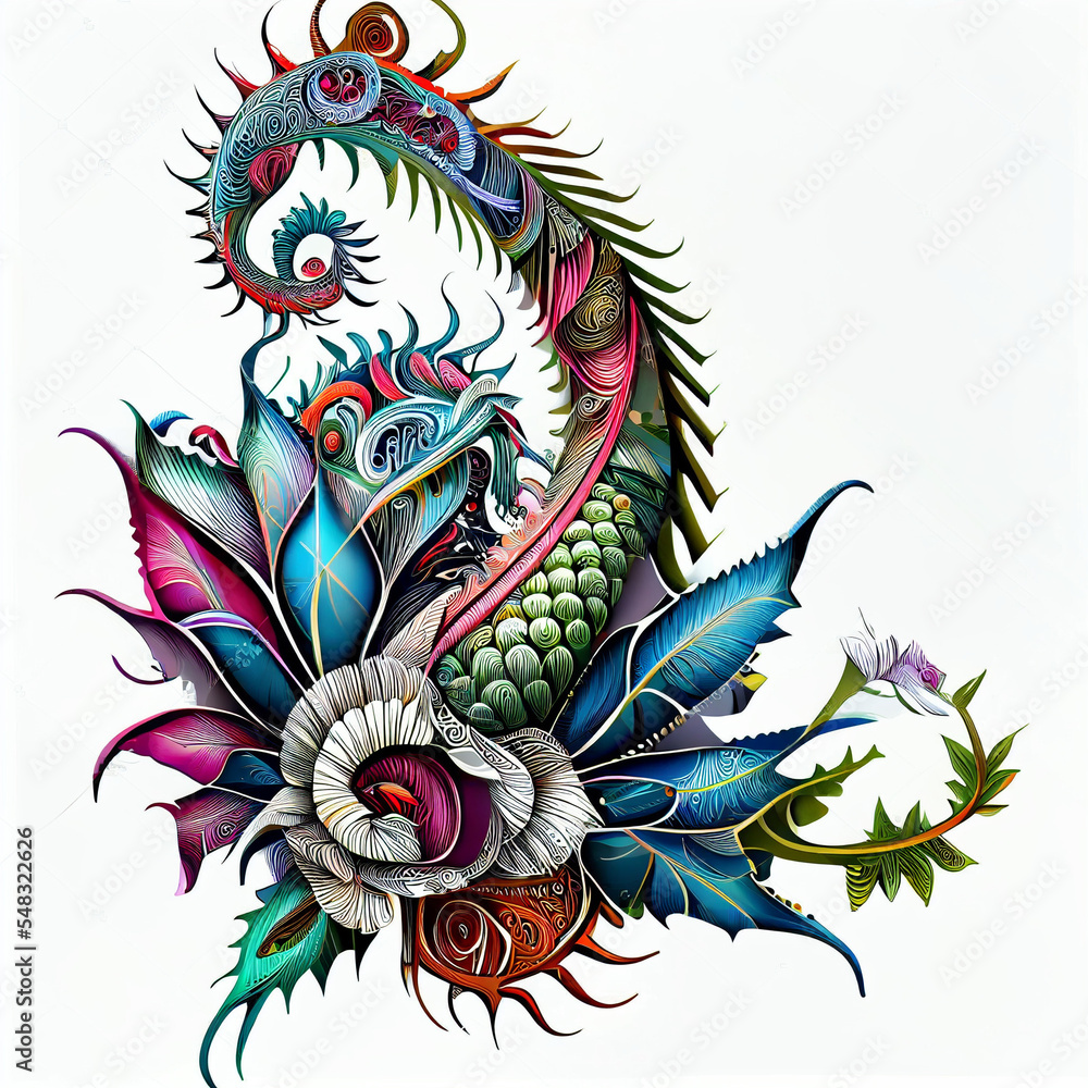 Exotic flowers dragon composition - sticker and shirt design, white background