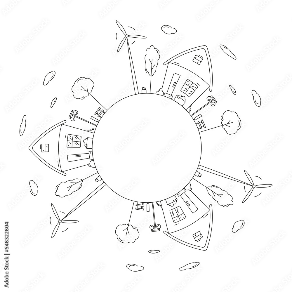 Round frame with a drawing of a city landscape, made in the style of line art. Editable stroke. Element for creating a logo or emblem. Vector illustration