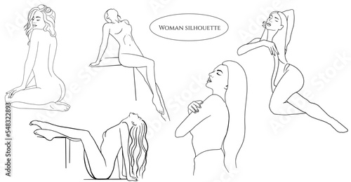 Woman naked linear drawings collection. Vector fashion illustrations of a female body in a trendy oneline style. Elegant art. Design for posters, tattoos, lingerie store logos, female products
