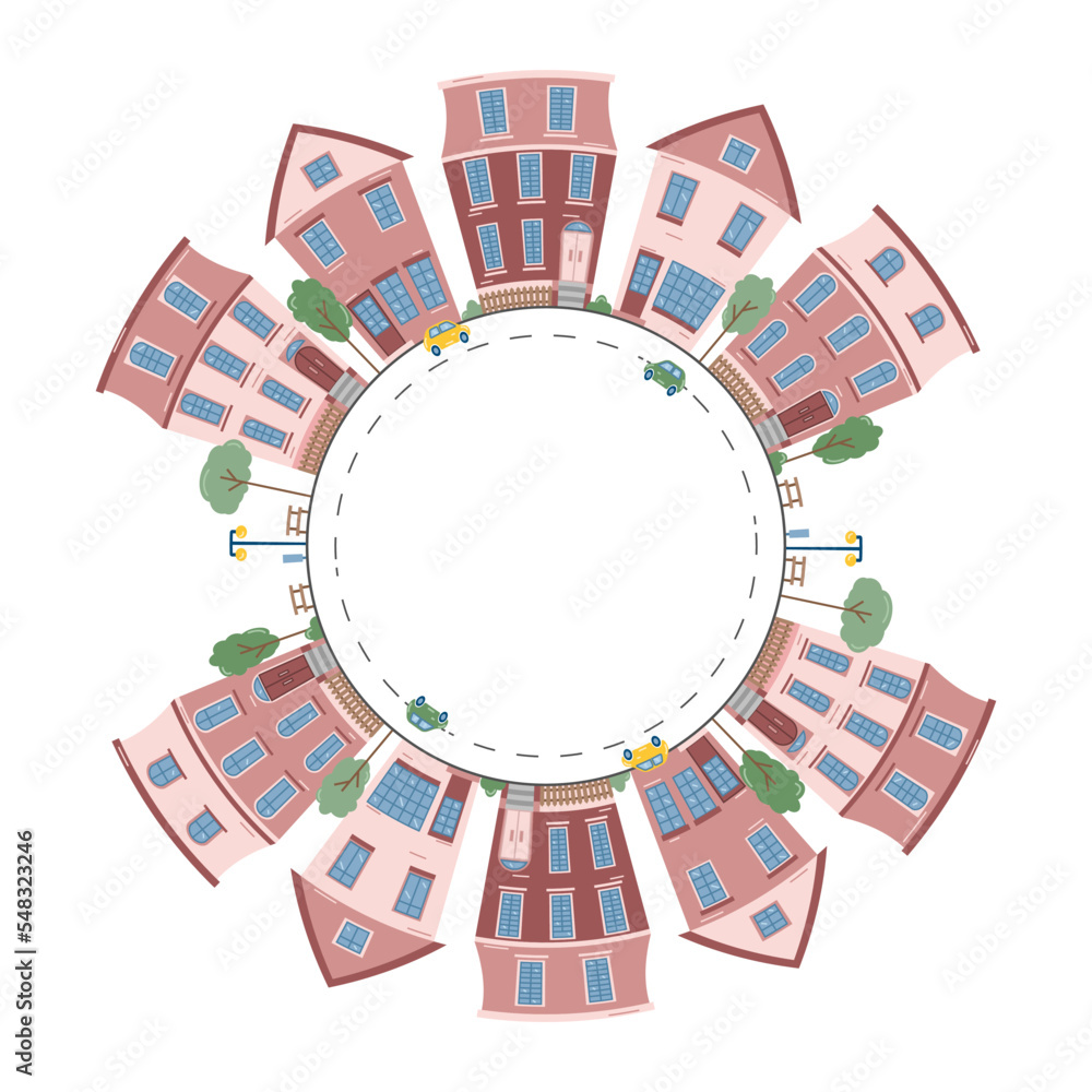 Round frame with a drawing of a city landscape, made in the flat style. Vector illustration