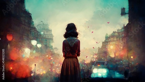 Woman looking out over an ethereal city listening to the soundtrack of her life v1 photo