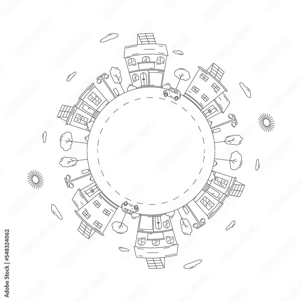 Round frame with a drawing of a city landscape, made in the style of line art. Element for creating a logo or emblem. Editable stroke.