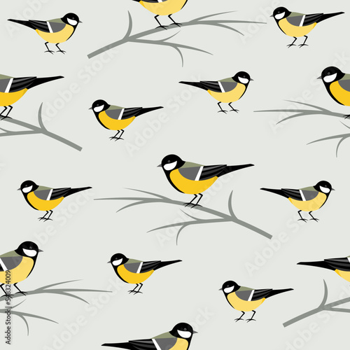 Seamless pattern with Great Tits sitting on branches. 