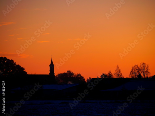 Wallpaper Mural sunrise with village tower Torontodigital.ca