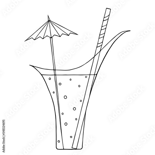 A cocktail with an umbrella and a paper tube for drinking. Freehand drawing. Doodle. Hand Drawn. Outline.