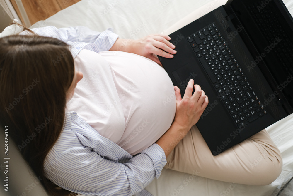 Naklejka premium Beautiful young pregnant woman working on laptop at home