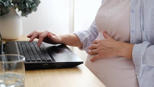 Beautiful young pregnant woman working on a laptop while sitting at a table