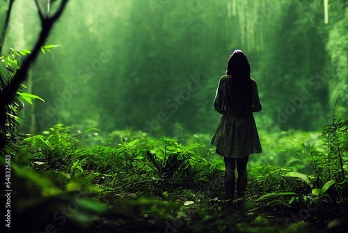 A girl in a dress standing in a green jungle, backview, abstract