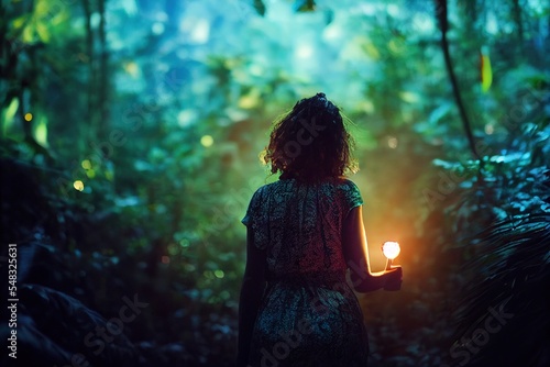 A woman in a jungle forest with a light in her hand, abstract, backview