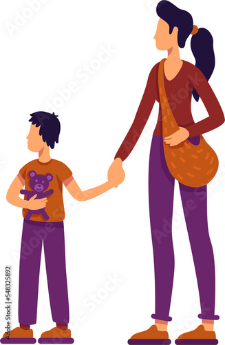 Asylum seeking mother and little son semi flat color raster characters. Standing figures. Full body people on white. Simple cartoon style illustration for web graphic design and animation