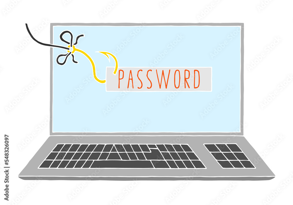 On the laptop screen, the word password is caught with a fishing
