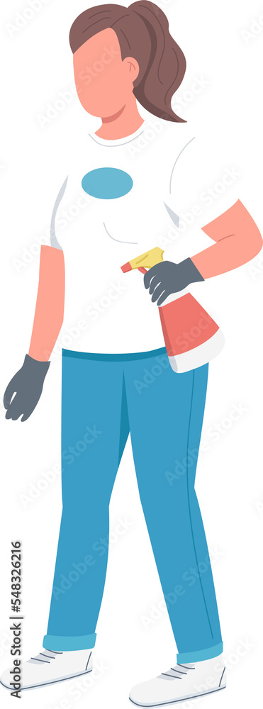 Janitress semi flat color  raster character. Standing figure. Full body person on white. Charwoman with cleaning supply simple cartoon style illustration for web graphic design and animation