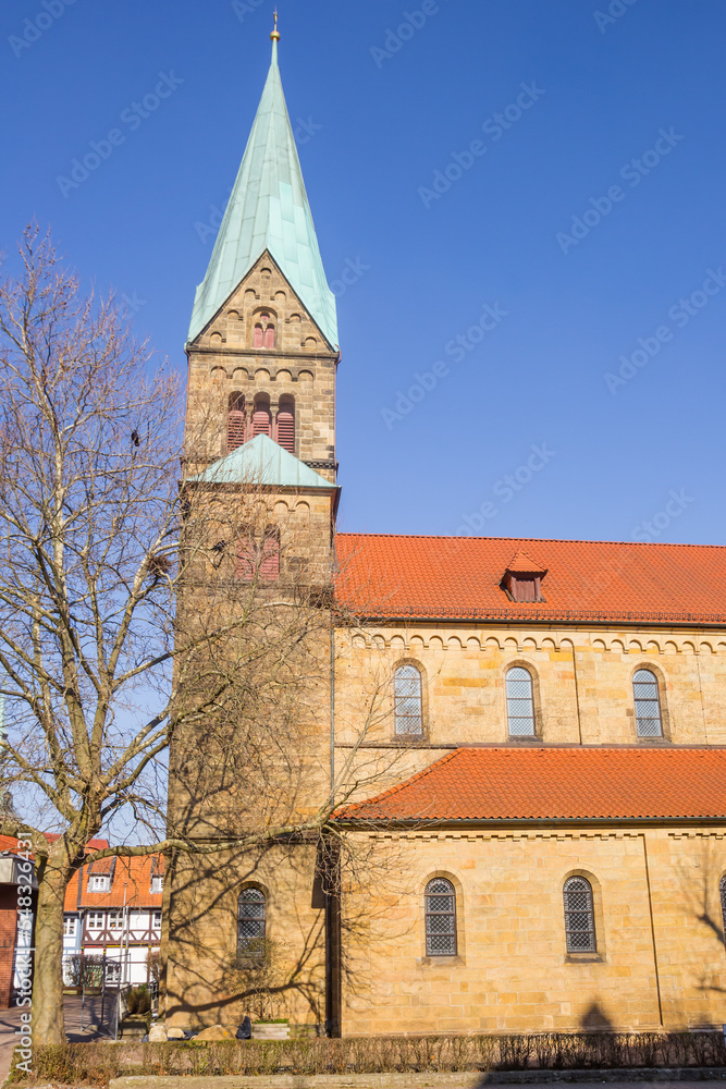 Tower of the historic Petrus church in Wolfenbuttel, Germany
