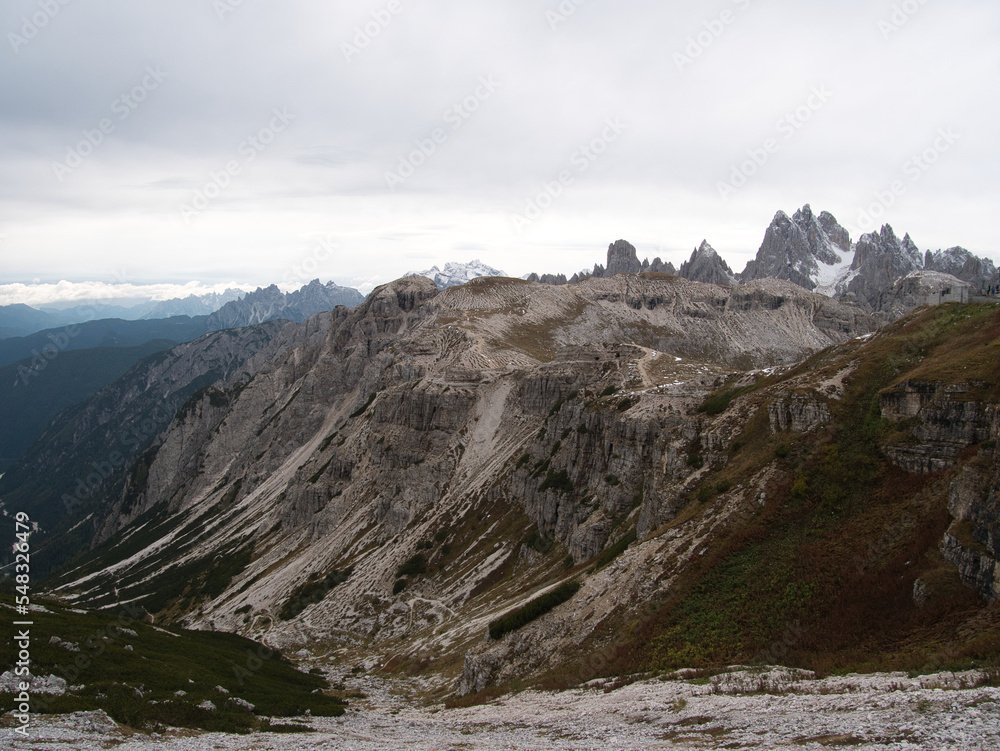 Panoramic views in autumn from above along Tre Cime di Lavaredo. Dolomites, Italy.