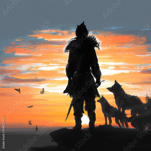 Warrior with a pack of wolves looking at sunset sky, digital art style, illustration painting, rpg book cover, fantasy rpg game