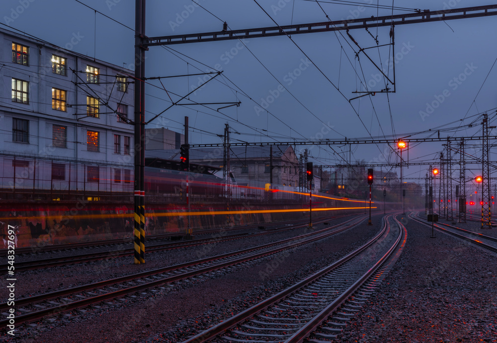 View on Prague Liben railway station in rainy evening