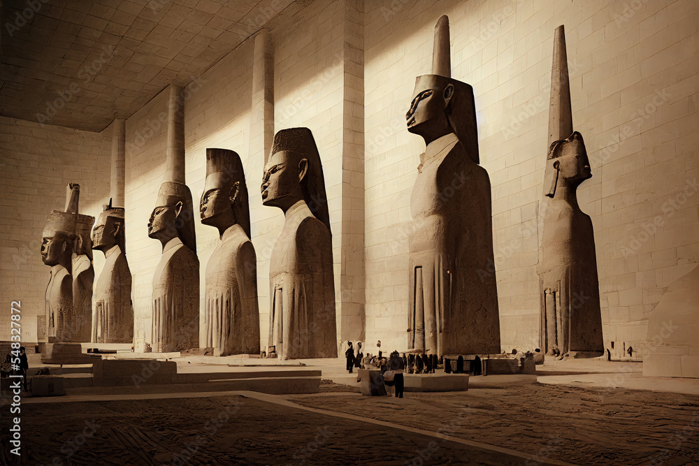 Digital illustration of a large secret Egyptian hall with gigantic