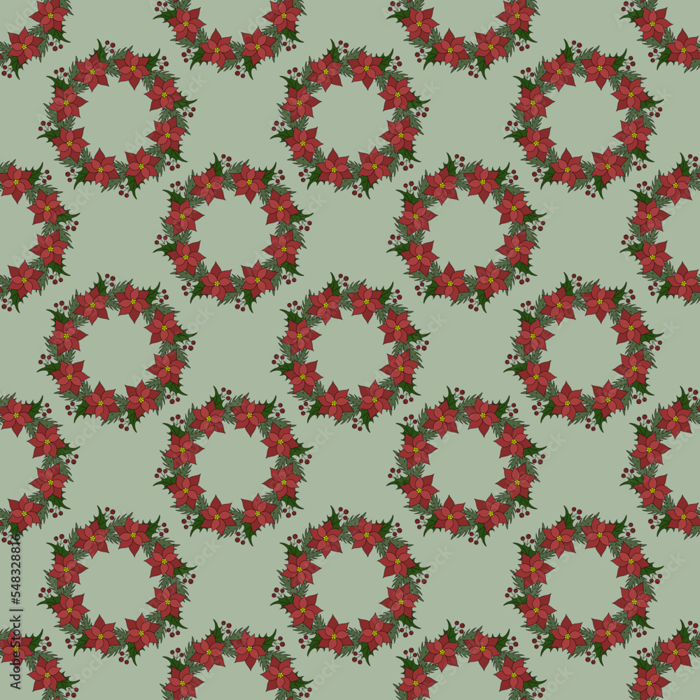 Seamless pattern Christmas flower wreath