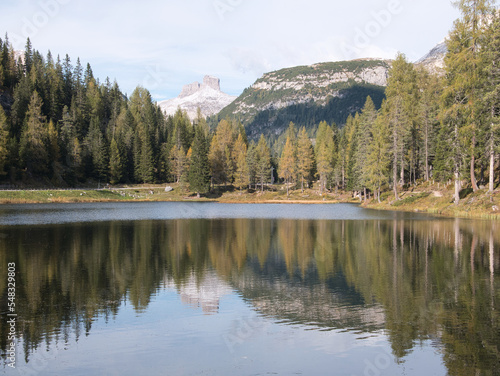 A sunny autumn day along Lake Antorno, Dolomites, Italy.