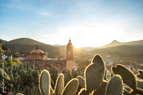 View of San Pedro hill at sunrise in San Luis Potosi, old town like Real de Catorce, Mexico (Cerro de San Pedro pueblo magico) photo