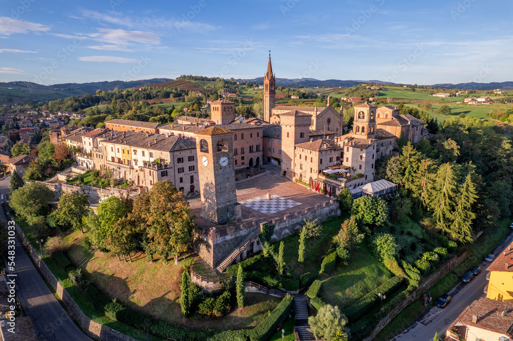 drone top view footage of Castelvetro di Modena ancient village old church and historical buildings in Emilia Romagna Region in Italy 