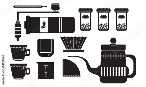 Black icon drip coffee maker set flat design cartoon concept. Enjoy fresh coffee. manual coffee grinder and scales.