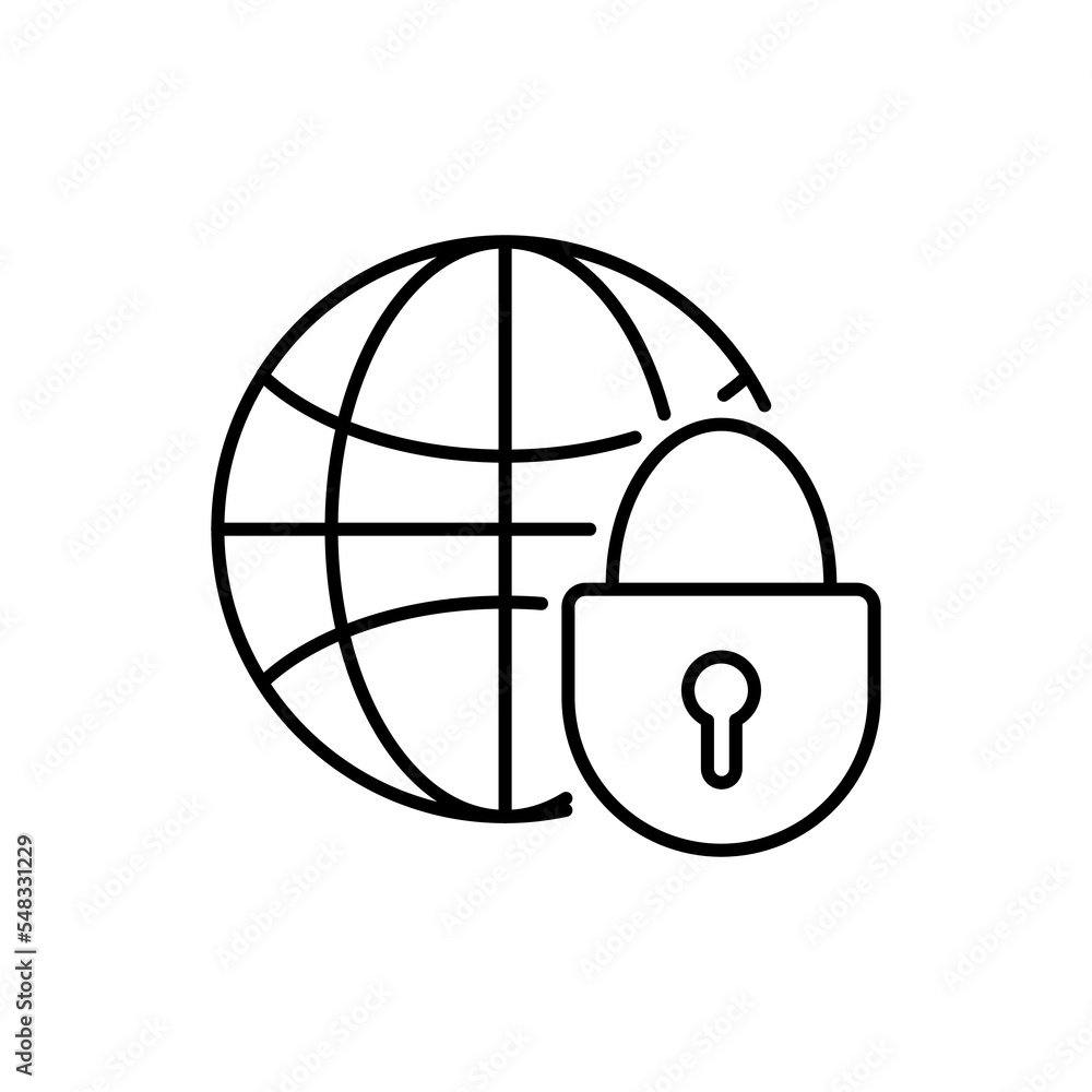 Earth globe and lock website icon. blocking line Black pictogram isolated on white blocking line background eps 10 Earth globe and lock website icon. blocking line Black pictogram isolated on white blocking line background eps 10